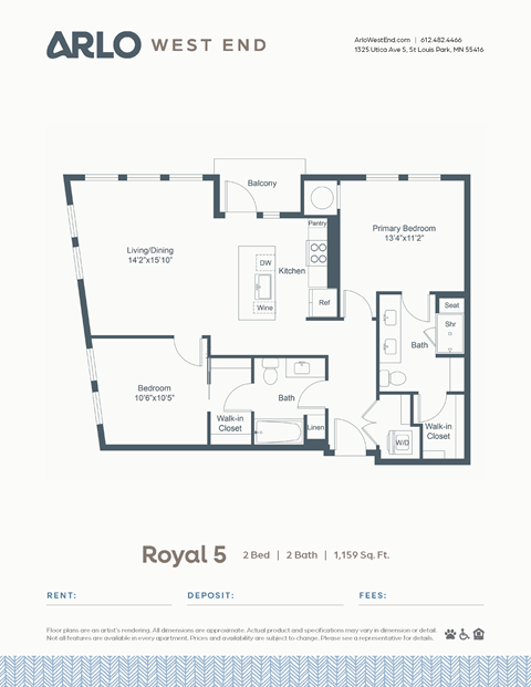 Floor plan for 2 beds, 2 baths, 1128 sqft
